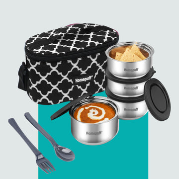 Steel Lunch Box- Set of 4, with Bag- Black